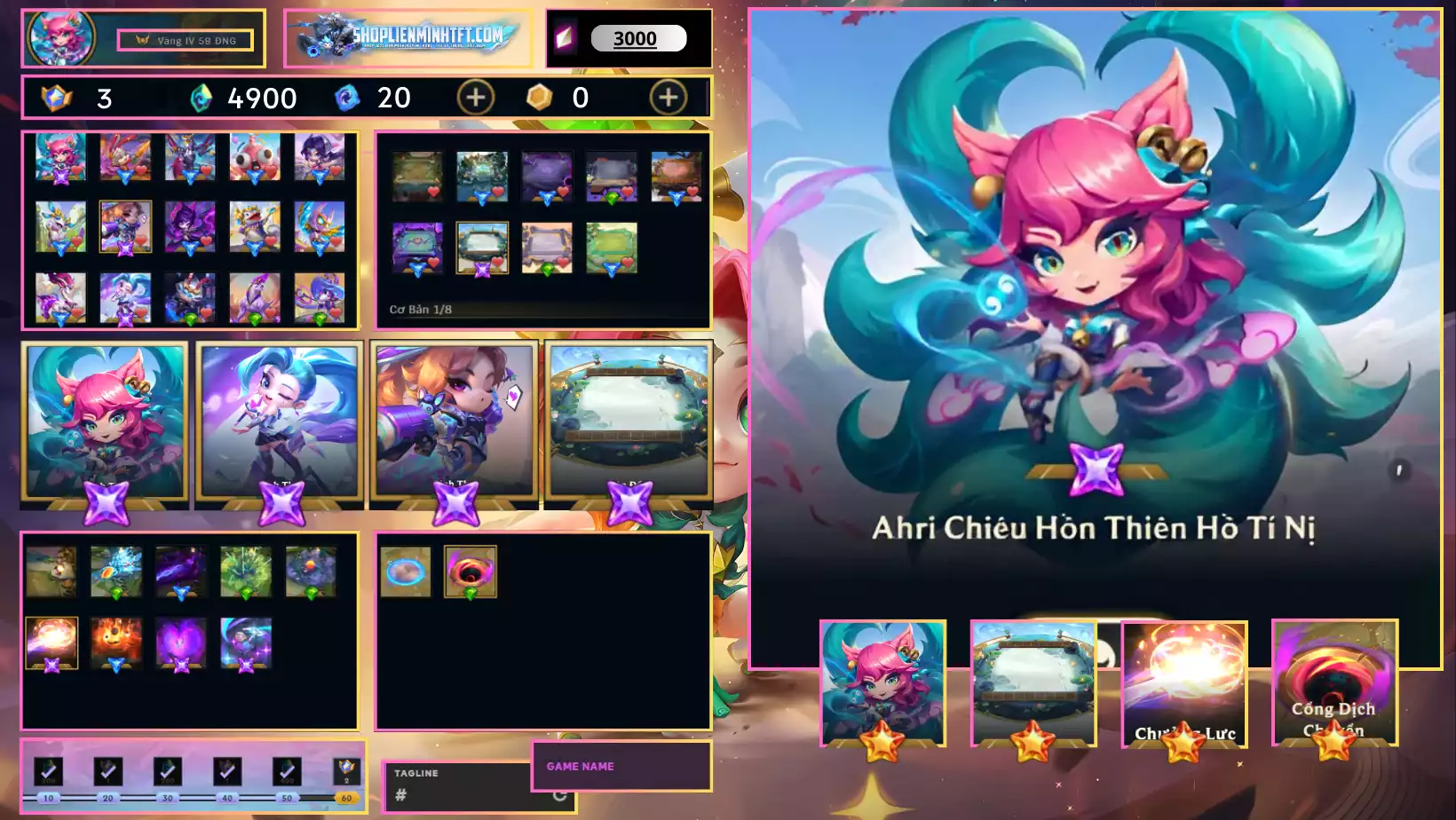 - Combo Ahri Chiêu Hồn Thiên Hồ Tí Nị Chưởng Sàn - Dư 3 Huy Chương - 0 Vàng - 7 Tím - 1 Sàn Tím - Dư 4900 Pha Lê - 1 Tí Nị Thường - 5 Sàn Đỏ - Chưởng Lực Như Ảnh - Rank Vàng - Còn Đổi Tên